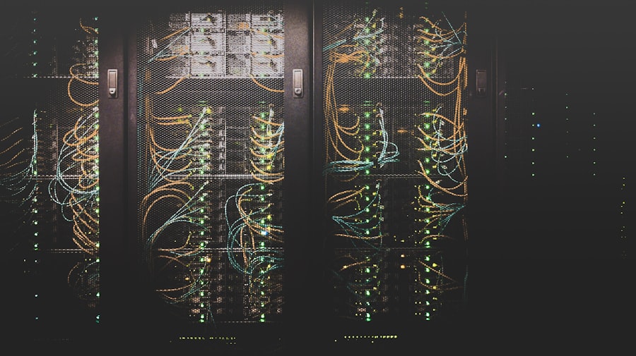 Secure data center with rows of servers and structured cabling
